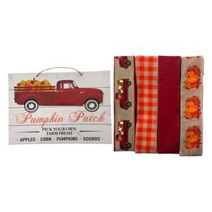 Pumpkin Patch Red Truck Fall Sign & Ribbon Bundle Set, DIY Wreath Making Kit
